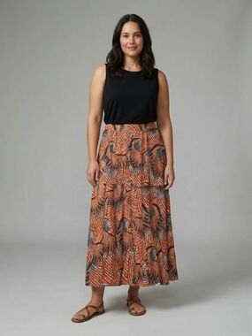 Boho Orange & Black Abstract Graphic Print Tiered Maxi Skirt – Size M